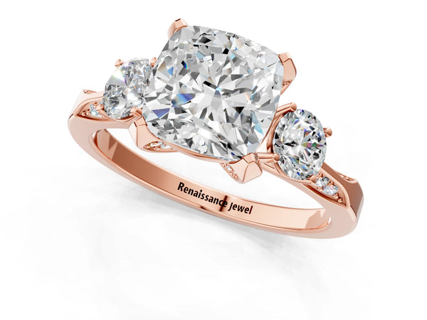 Rose gold Cushion Cut Brilliant Three-Stone Diamond Ring with Pavé Band and Four-Prong Setting