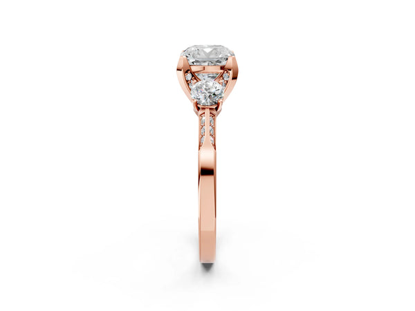 Rose gold Cushion Cut Brilliant Three-Stone Diamond Ring with Pavé Band and Four-Prong Setting