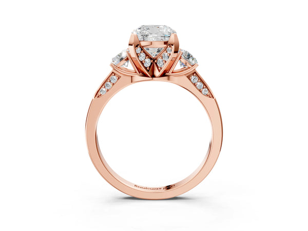 Rose gold Cushion Cut Brilliant Three-Stone Diamond Ring with Pavé Band and Four-Prong Setting