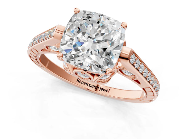 Rose Gold Cushion Cut Cathedral Engagement Ring Setting with Pave Shoulders