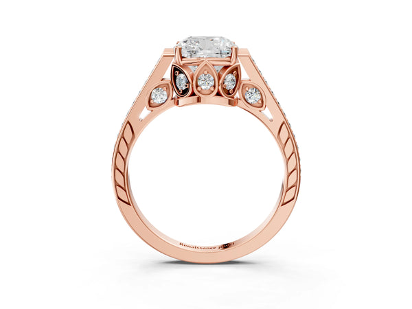 Rose Gold Cushion Cut Cathedral Engagement Ring Setting with Pave Shoulders