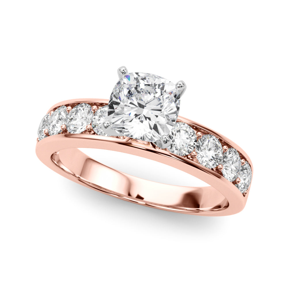 Rose gold Cushion Cut Channel Set Diamond Engagement Ring with Four-Prong Setting