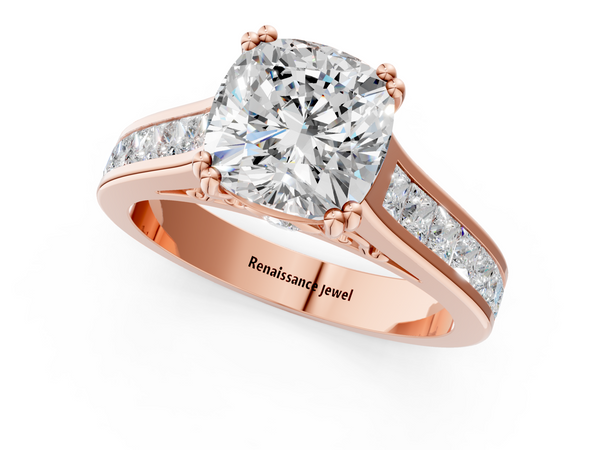 Rose gold Cushion Cut Channel Set Solitaire Engagement Ring with Prong Setting