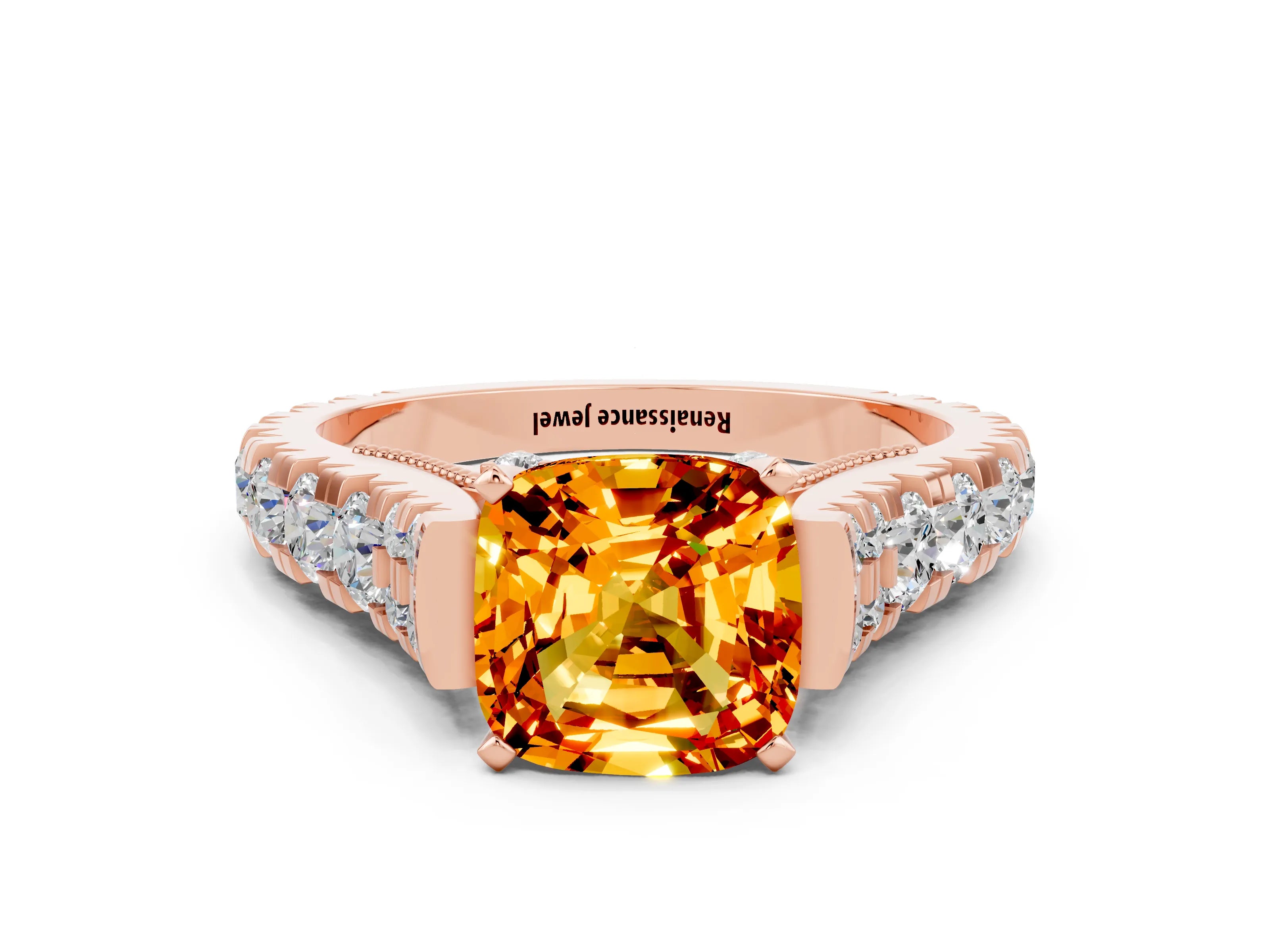Rose gold Cushion Cut Citrine Classic Solitaire Ring with Pavé Band and Four-Prong Setting