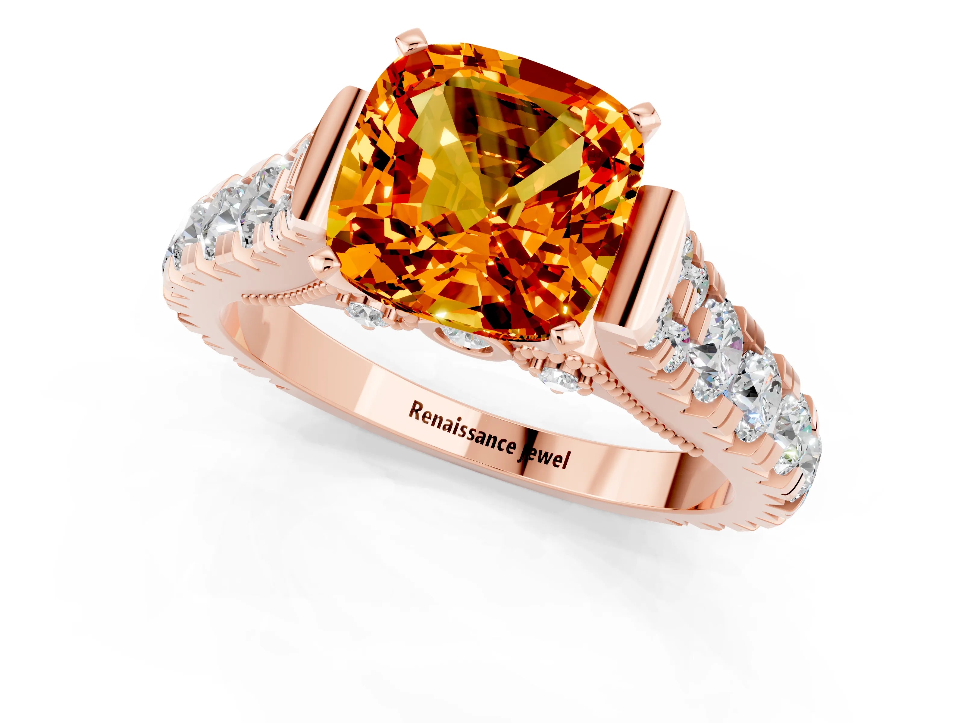 Rose gold Cushion Cut Citrine Classic Solitaire Ring with Pavé Band and Four-Prong Setting_1