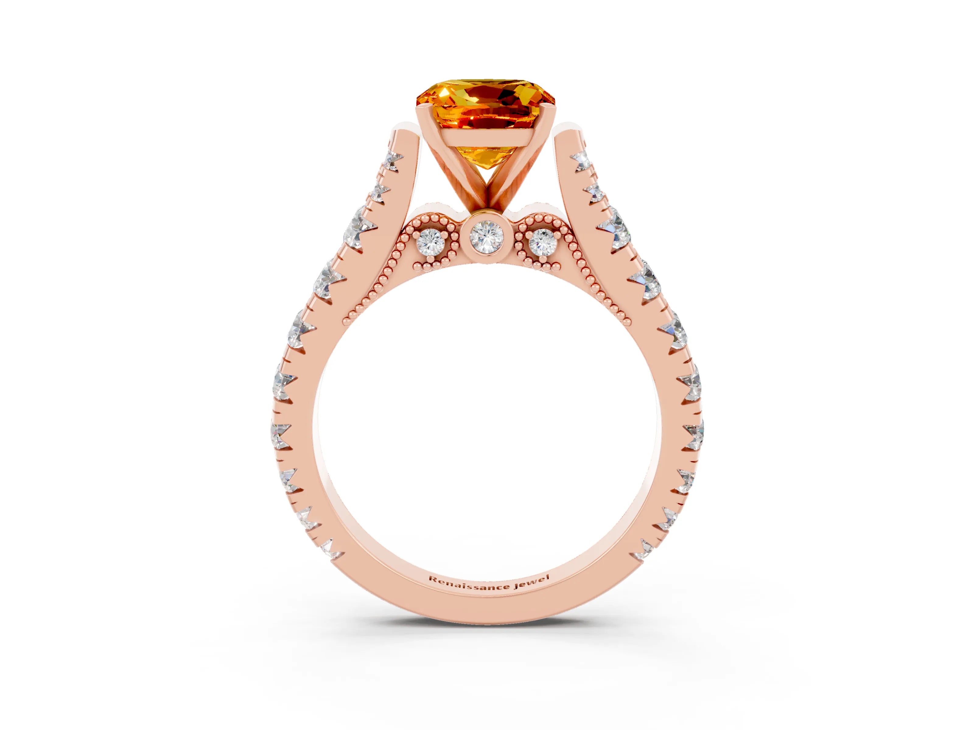 Rose gold Cushion Cut Citrine Classic Solitaire Ring with Pavé Band and Four-Prong Setting_3