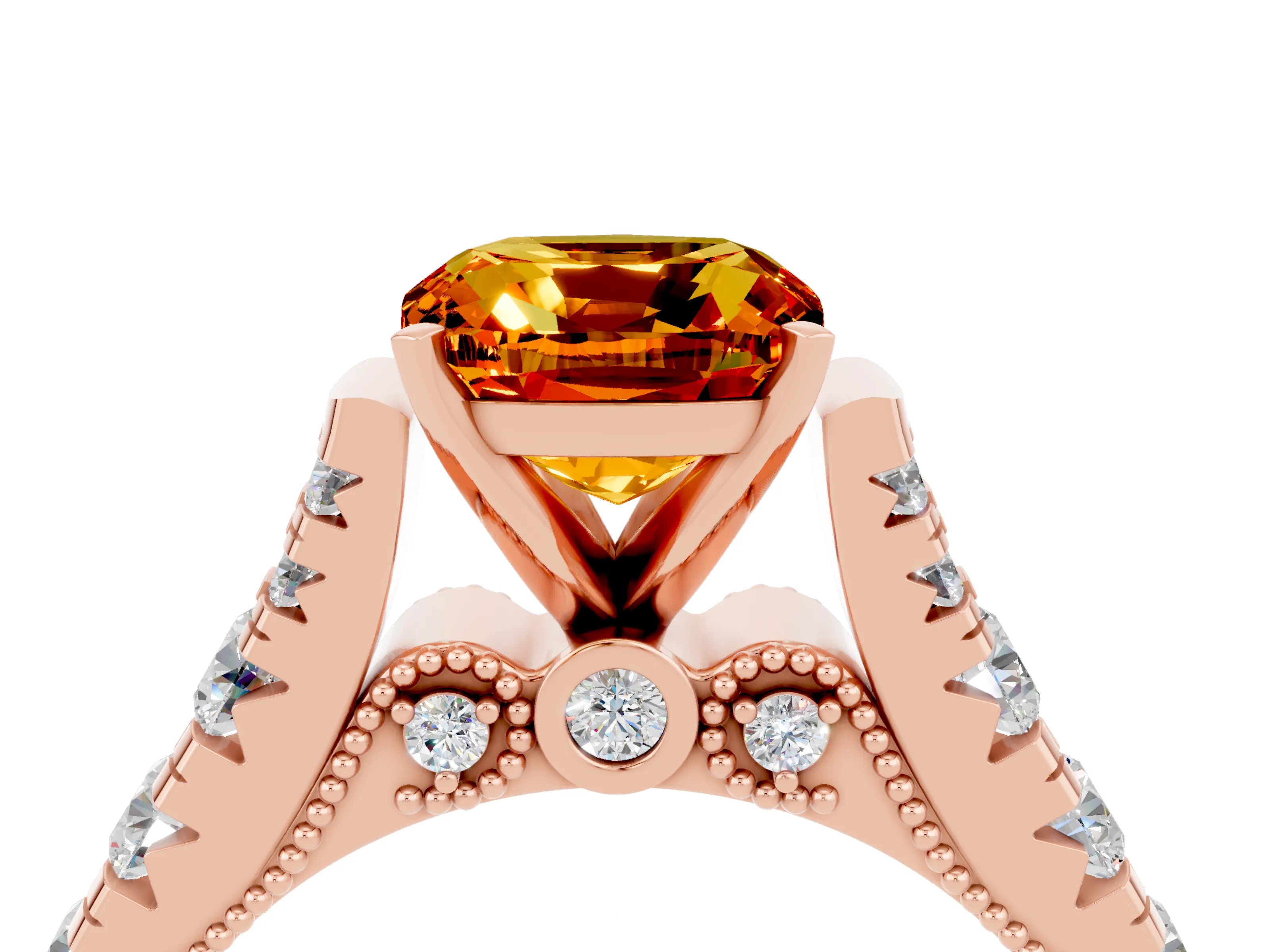 Rose gold Cushion Cut Citrine Classic Solitaire Ring with Pavé Band and Four-Prong Setting_4