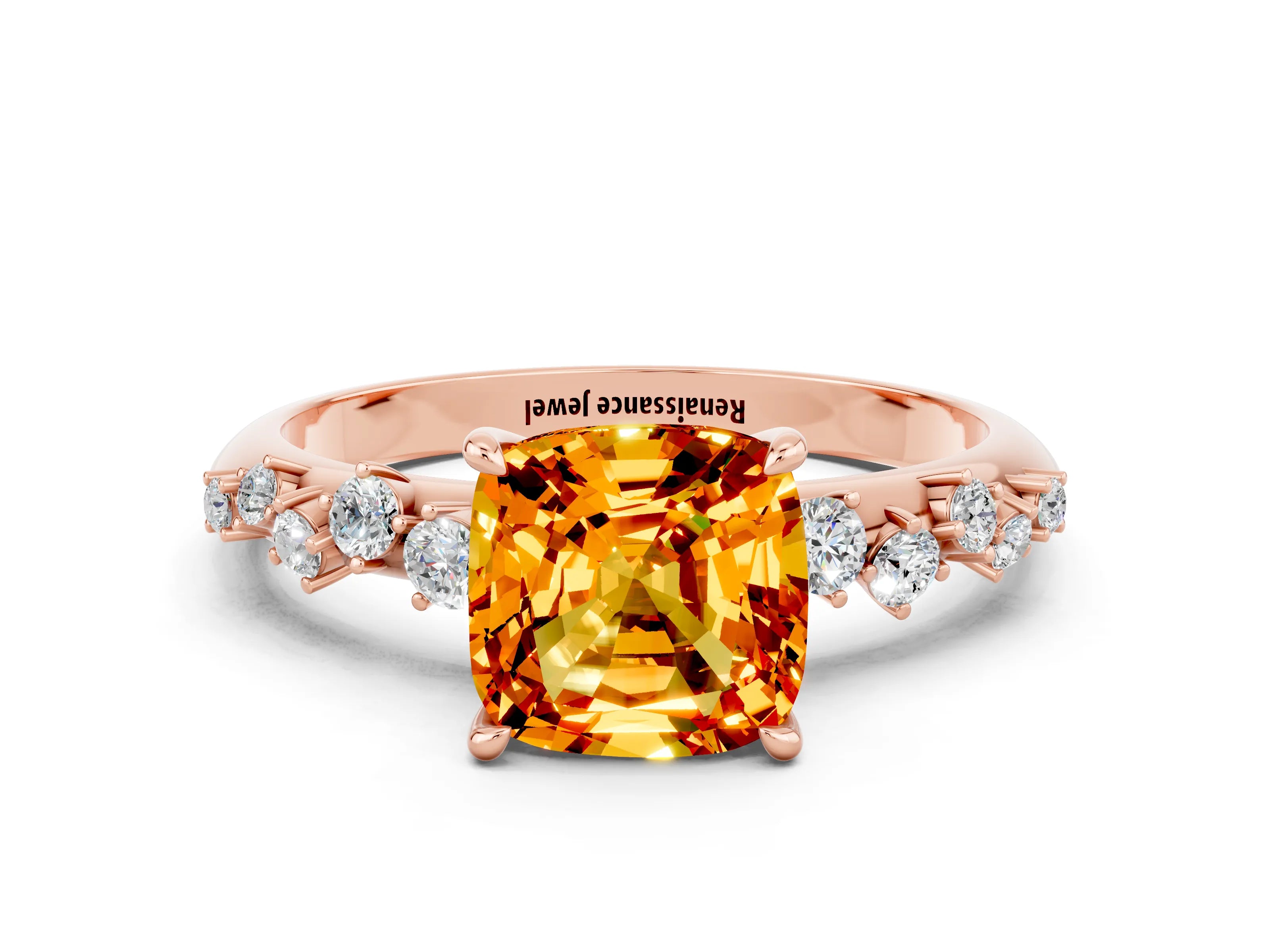 Rose gold Cushion Cut Citrine Cluster Side Stone Solitaire Ring with Prong Setting_24