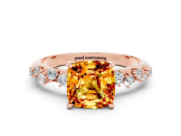 Rose gold Cushion Cut Citrine Cluster Side Stone Solitaire Ring with Prong Setting