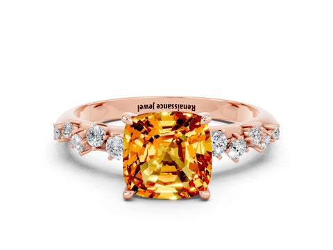 Rose gold Cushion Cut Citrine Cluster Side Stone Solitaire Ring with Prong Setting_24
