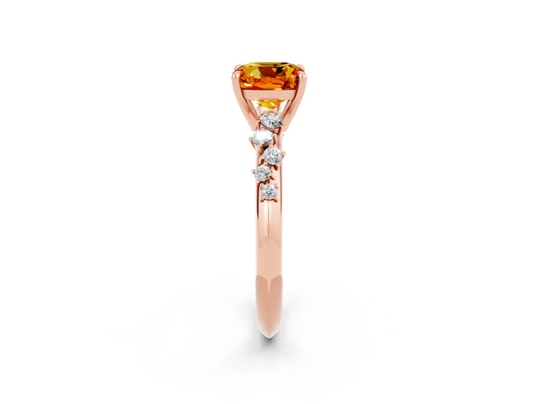 Rose gold Cushion Cut Citrine Cluster Side Stone Solitaire Ring with Prong Setting