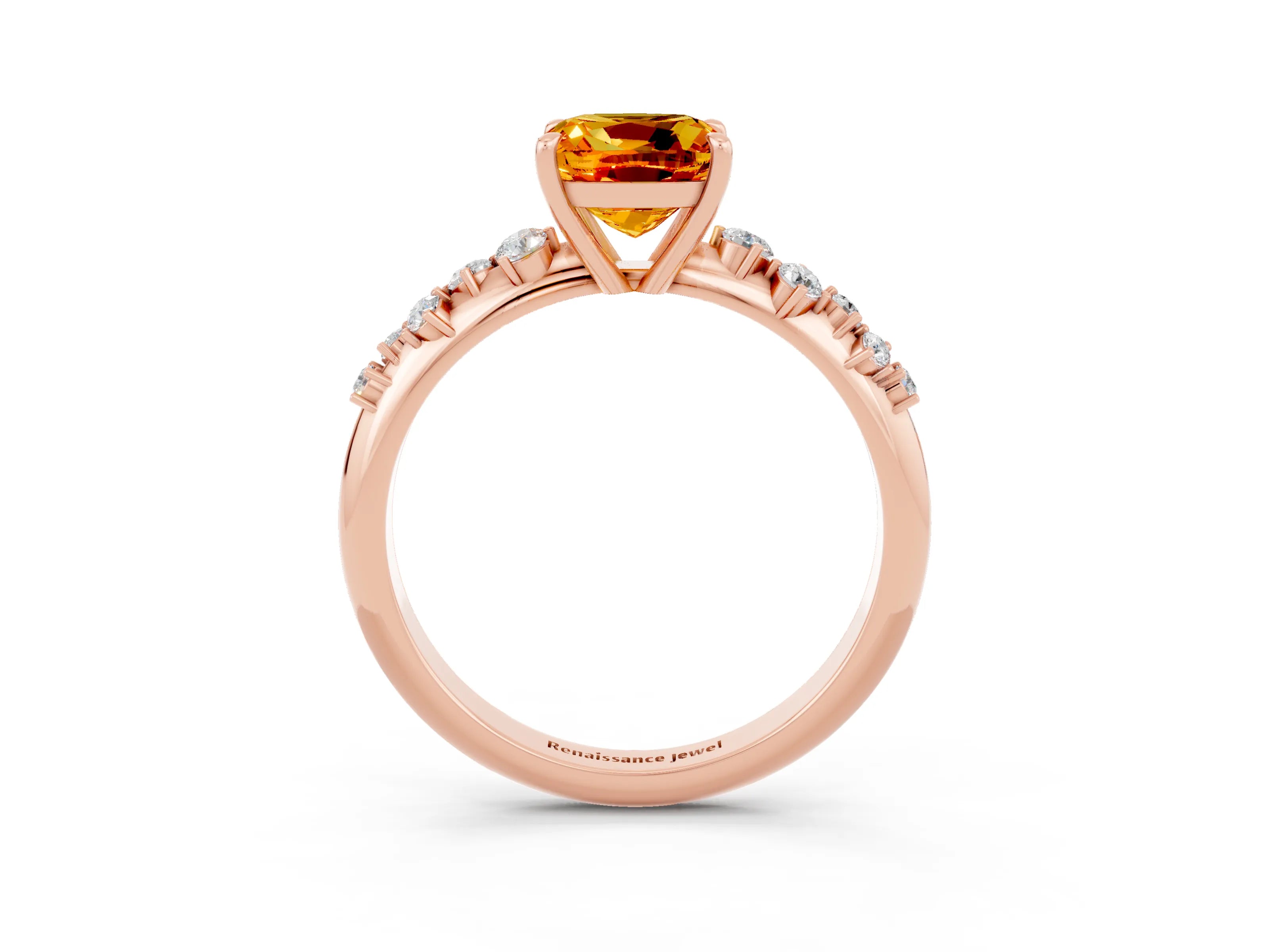 Rose gold Cushion Cut Citrine Cluster Side Stone Solitaire Ring with Prong Setting_27