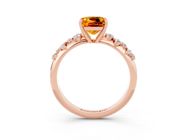 Rose gold Cushion Cut Citrine Cluster Side Stone Solitaire Ring with Prong Setting