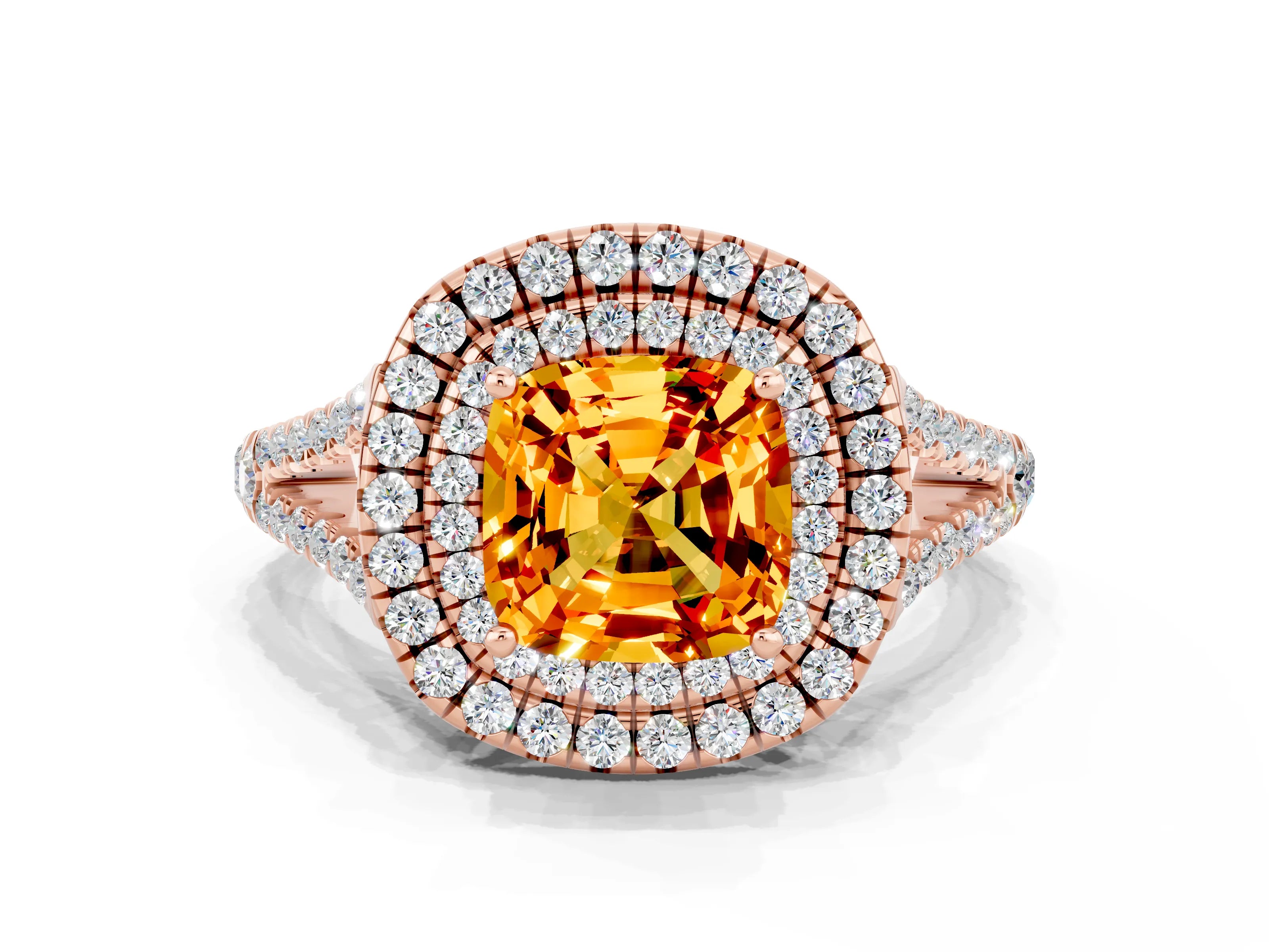 Rose gold Cushion Cut Citrine Double Halo Ring with Pavé Band and Prong Setting_12