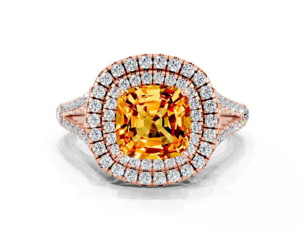 Rose gold Cushion Cut Citrine Double Halo Ring with Pavé Band and Prong Setting