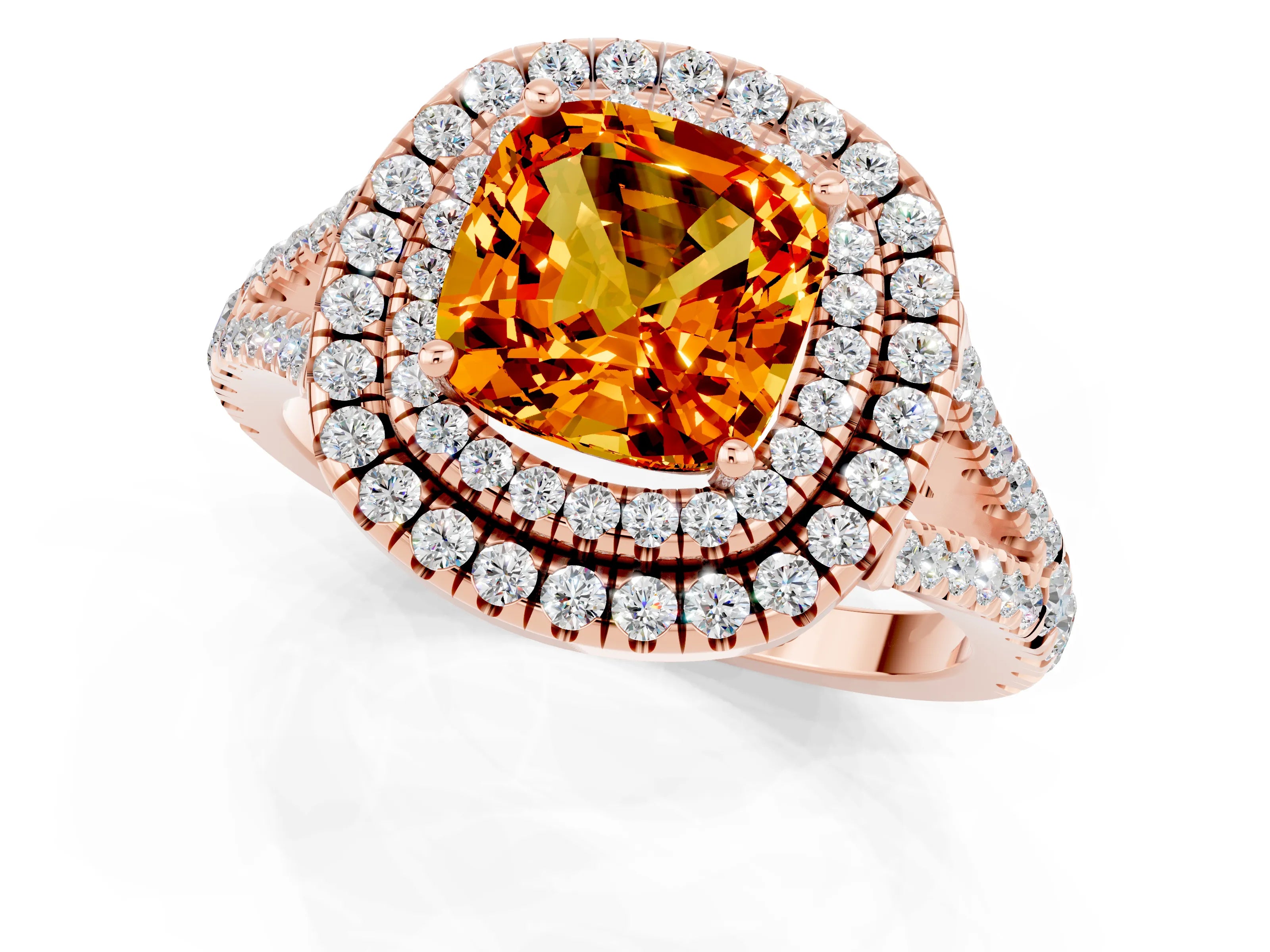 Rose gold Cushion Cut Citrine Double Halo Ring with Pavé Band and Prong Setting_13
