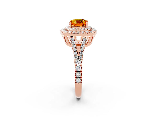 Rose gold Cushion Cut Citrine Double Halo Ring with Pavé Band and Prong Setting