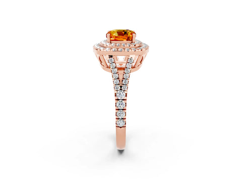 Rose gold Cushion Cut Citrine Double Halo Ring with Pavé Band and Prong Setting_14