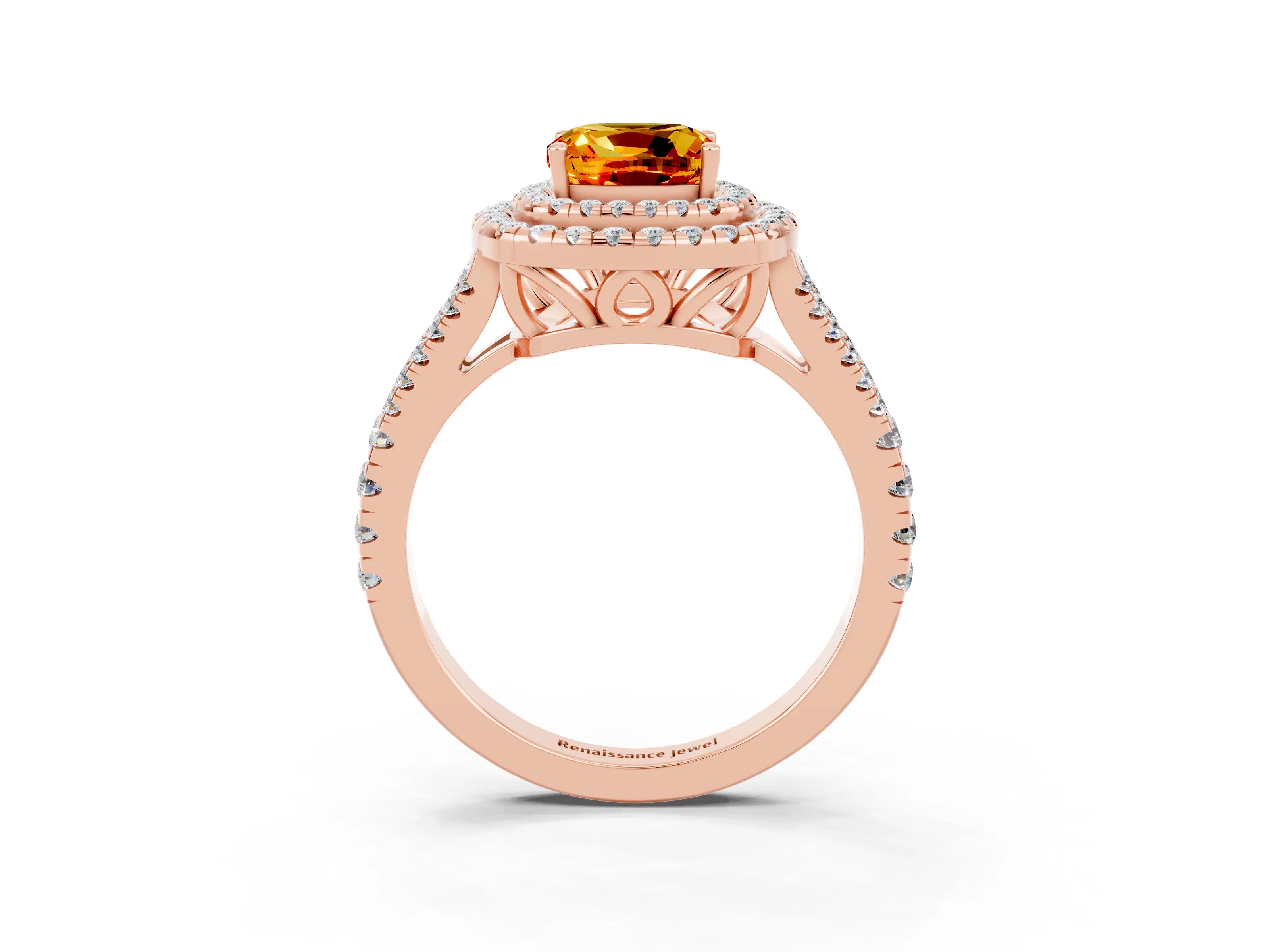 Rose gold Cushion Cut Citrine Double Halo Ring with Pavé Band and Prong Setting_15