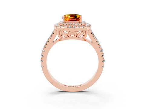 Rose gold Cushion Cut Citrine Double Halo Ring with Pavé Band and Prong Setting_15