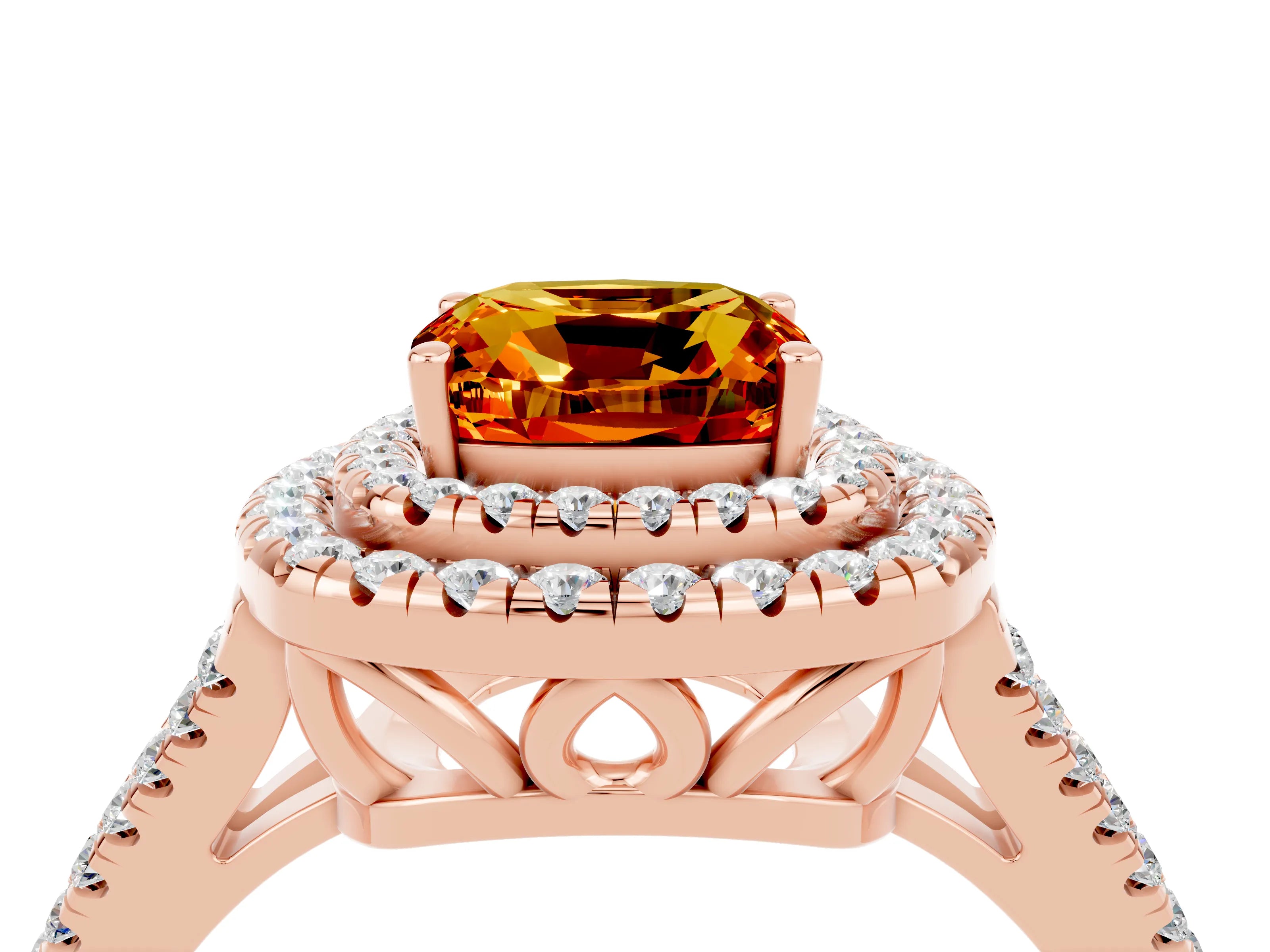 Rose gold Cushion Cut Citrine Double Halo Ring with Pavé Band and Prong Setting_16