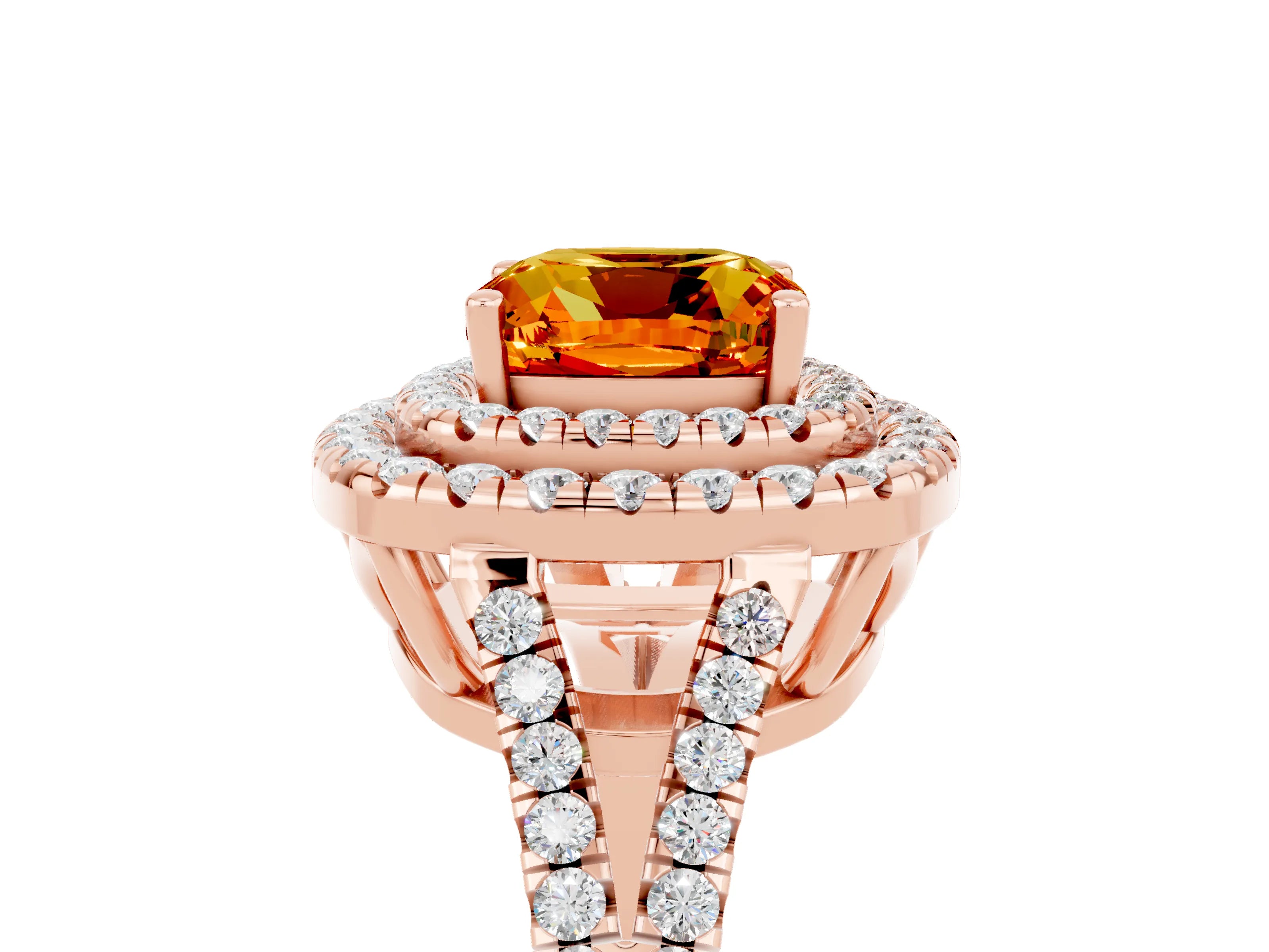 Rose gold Cushion Cut Citrine Double Halo Ring with Pavé Band and Prong Setting_17