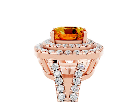 Rose gold Cushion Cut Citrine Double Halo Ring with Pavé Band and Prong Setting_17