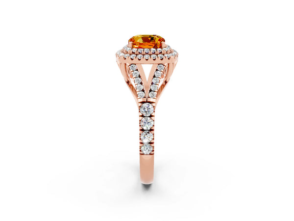 Rose gold Cushion Cut Citrine Double Halo Ring with Split Shank and Prong Setting