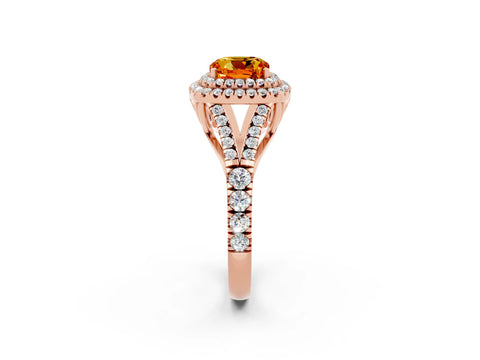 Rose gold Cushion Cut Citrine Double Halo Ring with Split Shank and Prong Setting_14
