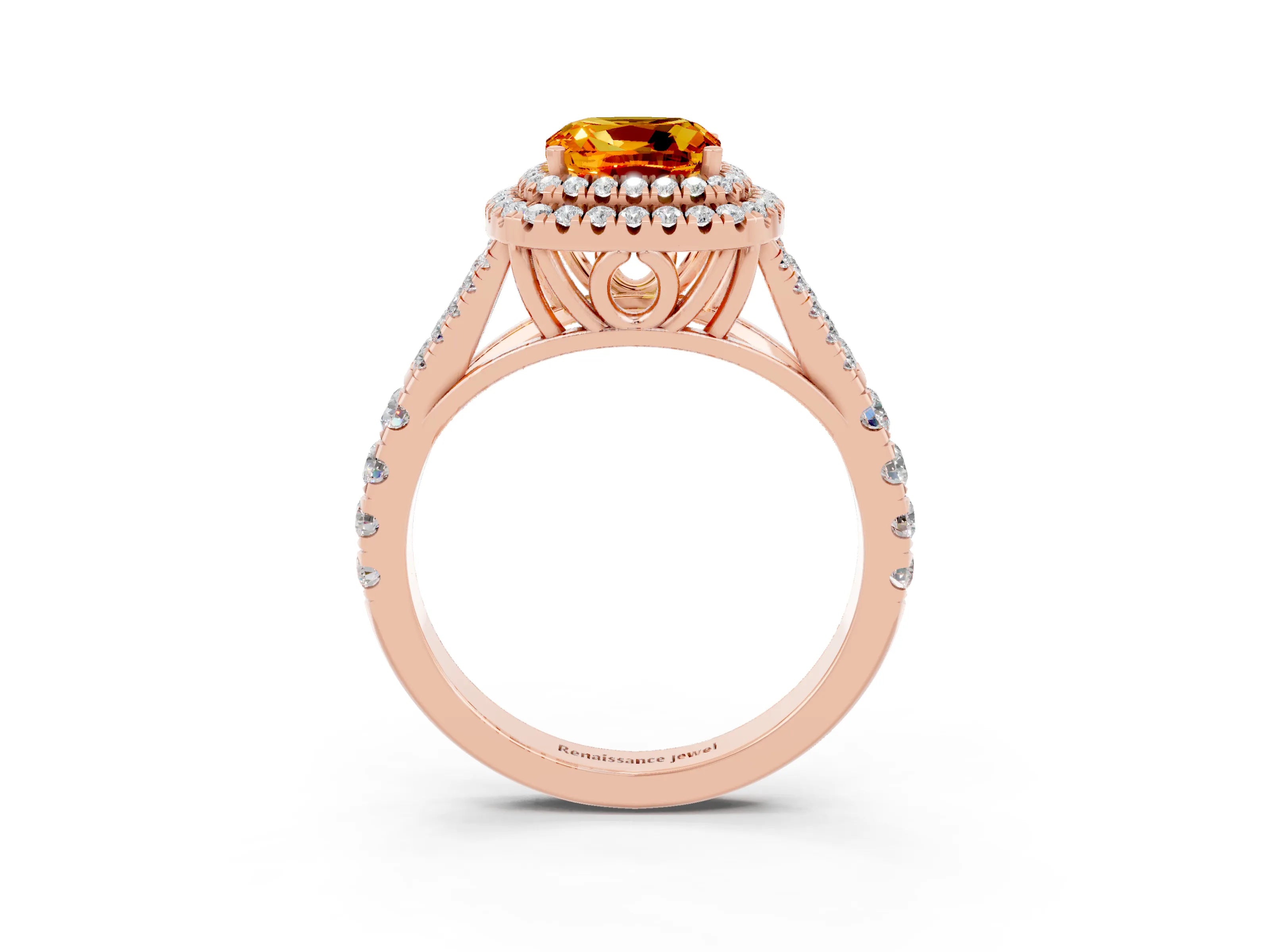Rose gold Cushion Cut Citrine Double Halo Ring with Split Shank and Prong Setting_15