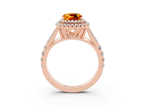 Rose gold Cushion Cut Citrine Double Halo Ring with Split Shank and Prong Setting