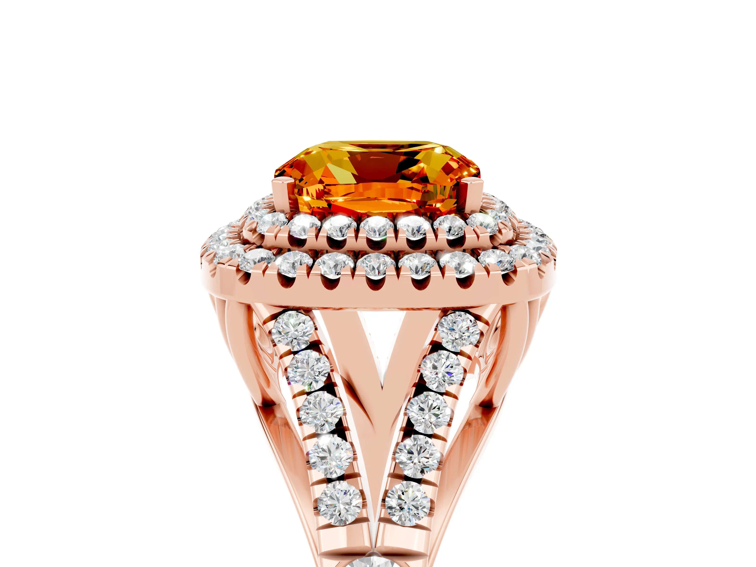 Rose gold Cushion Cut Citrine Double Halo Ring with Split Shank and Prong Setting_17