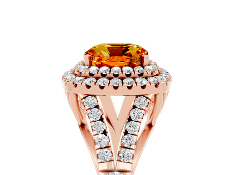 Rose gold Cushion Cut Citrine Double Halo Ring with Split Shank and Prong Setting_17