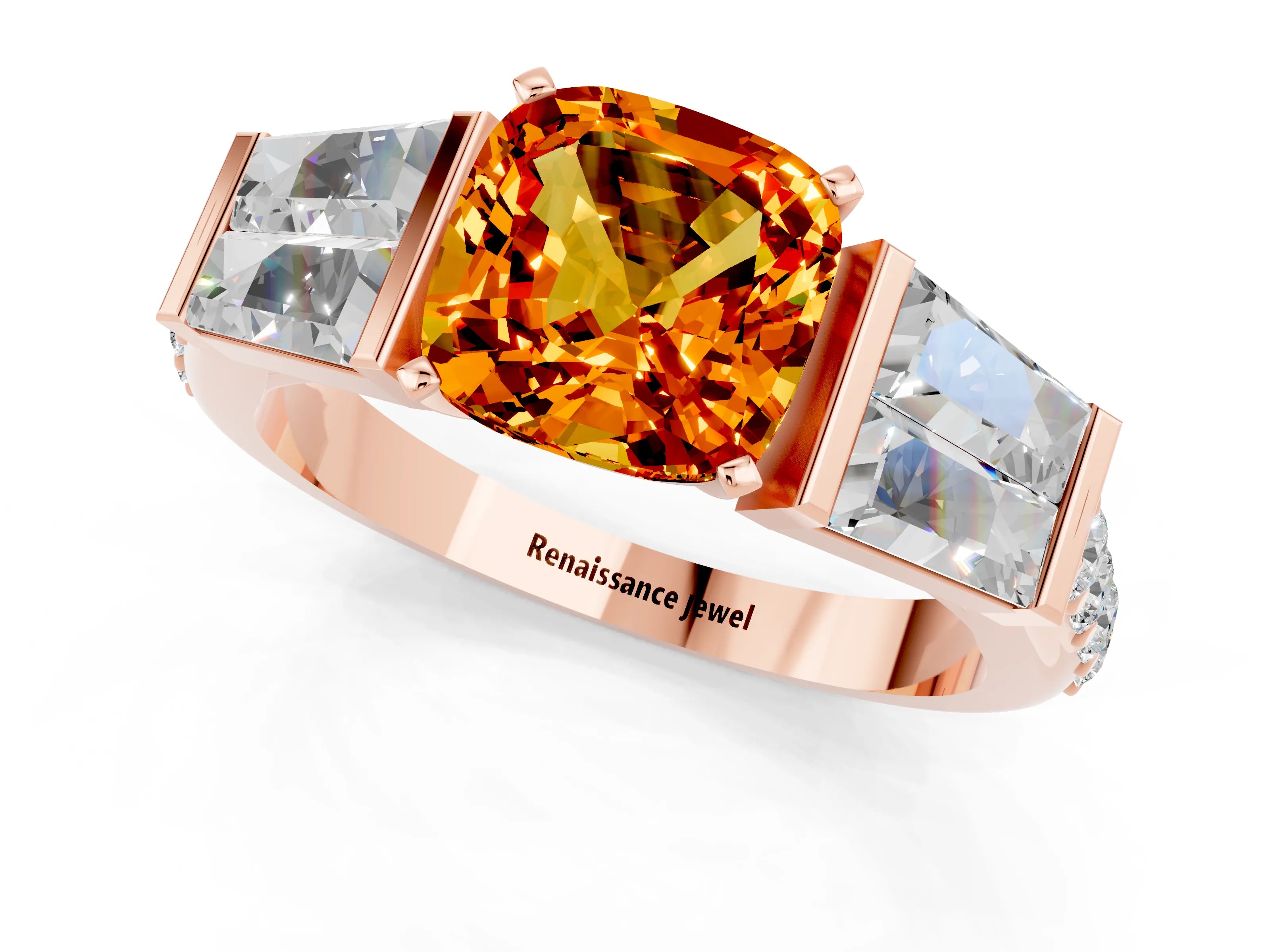 Rose gold Cushion Cut Citrine Engagement Ring with Baguette Side Stones and Channel Set Band_1