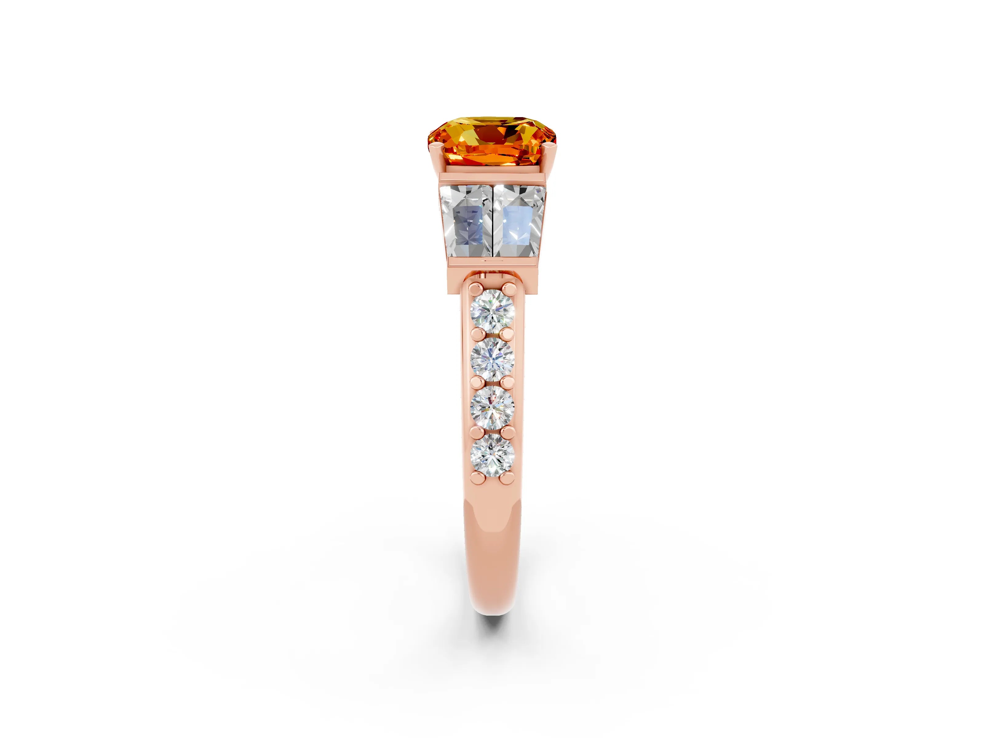 Rose gold Cushion Cut Citrine Engagement Ring with Baguette Side Stones and Channel Set Band_2