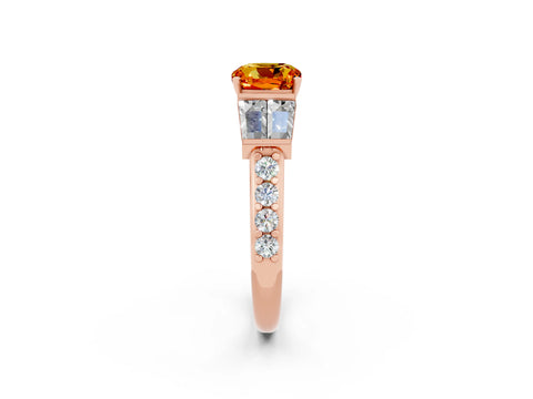 Rose gold Cushion Cut Citrine Engagement Ring with Baguette Side Stones and Channel Set Band_2