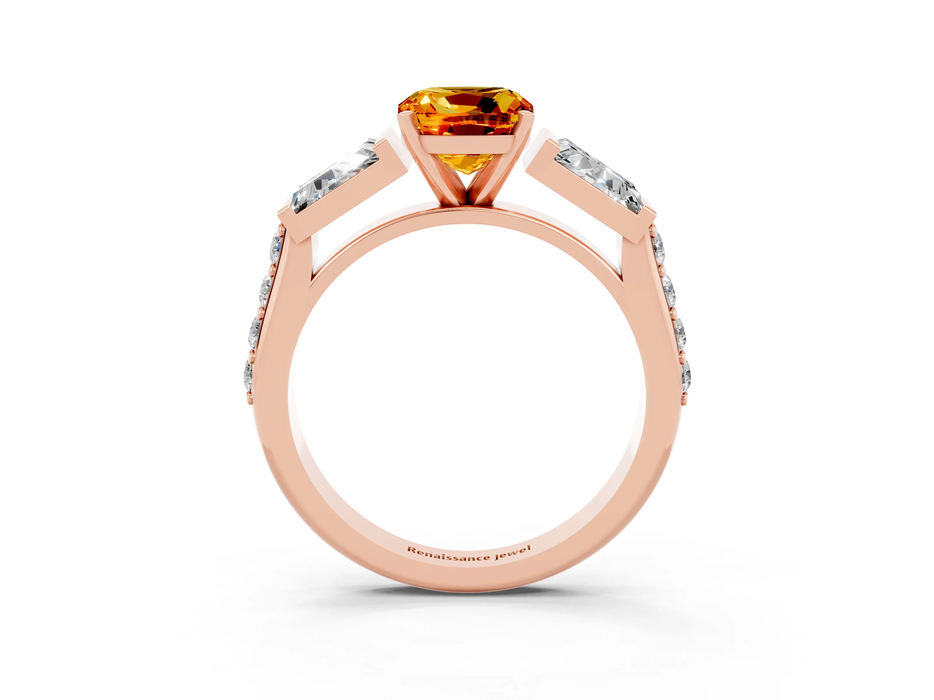 Rose gold Cushion Cut Citrine Engagement Ring with Baguette Side Stones and Channel Set Band_3