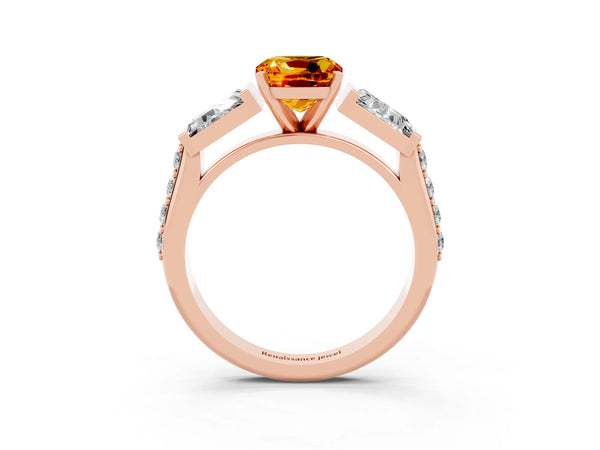 Rose gold Cushion Cut Citrine Engagement Ring with Baguette Side Stones and Channel Set Band