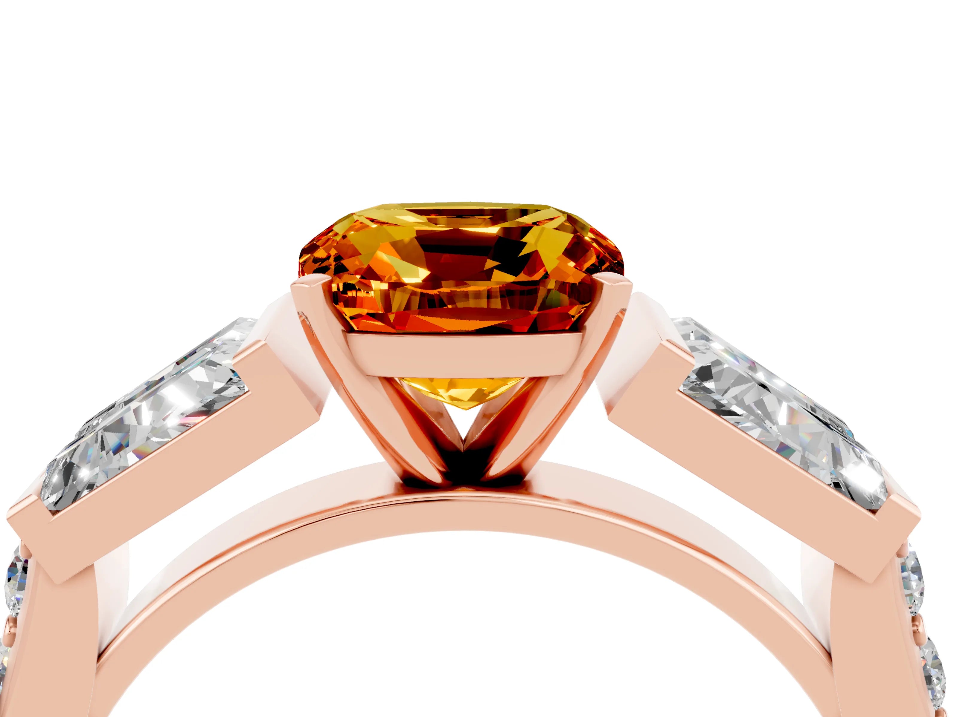 Rose gold Cushion Cut Citrine Engagement Ring with Baguette Side Stones and Channel Set Band_4
