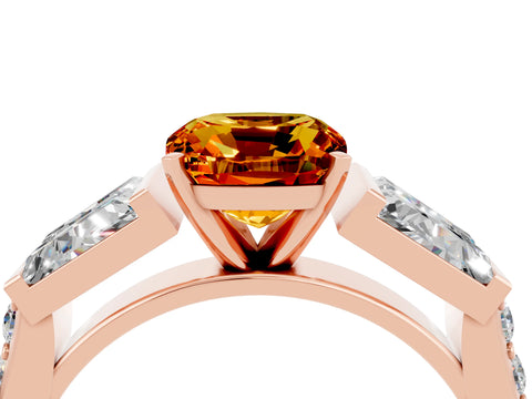 Rose gold Cushion Cut Citrine Engagement Ring with Baguette Side Stones and Channel Set Band_4