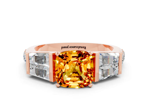 Rose gold Cushion Cut Citrine Engagement Ring with Baguette Side Stones and Channel Set Band