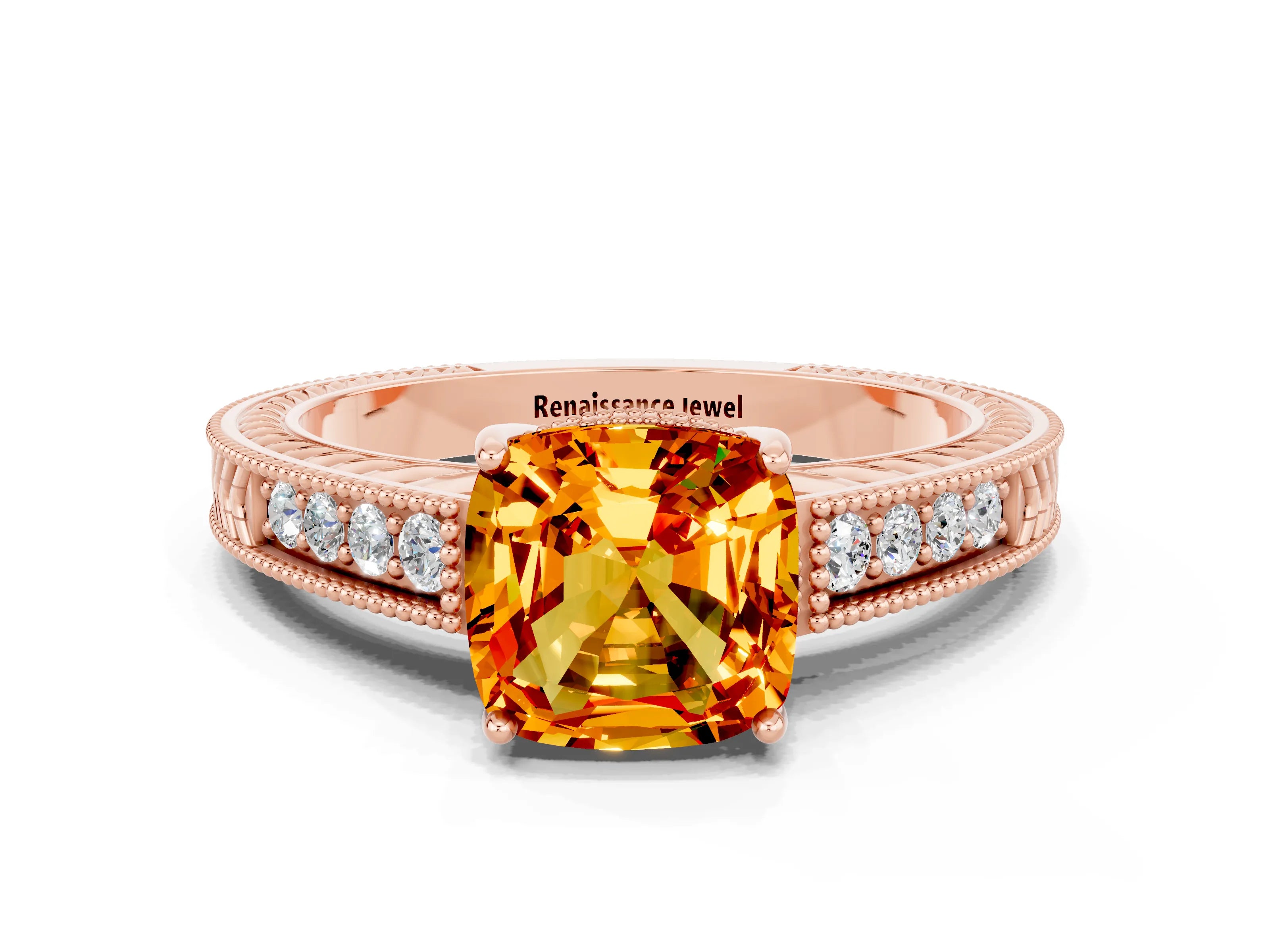 Rose gold Cushion Cut Citrine Engagement Ring with Milgrain Channel Set Band and Prong Setting