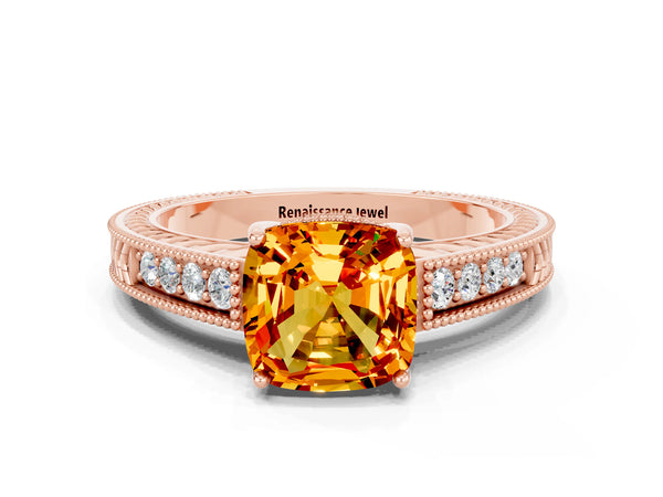 Rose gold Cushion Cut Citrine Engagement Ring with Milgrain Channel Set Band and Prong Setting