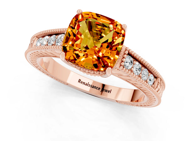 Rose gold Cushion Cut Citrine Engagement Ring with Milgrain Channel Set Band and Prong Setting