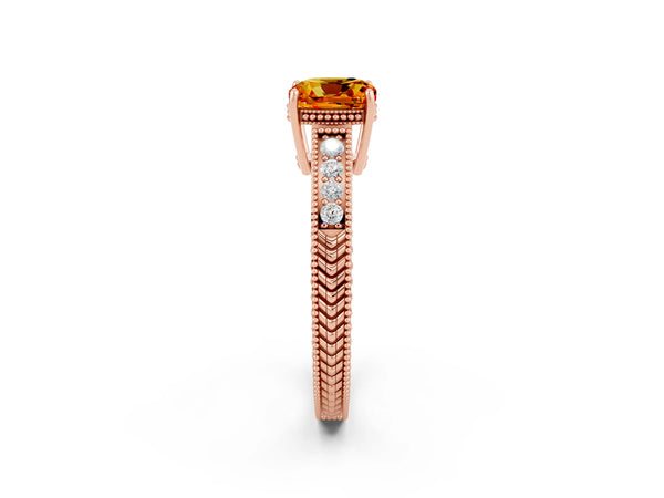 Rose gold Cushion Cut Citrine Engagement Ring with Milgrain Channel Set Band and Prong Setting