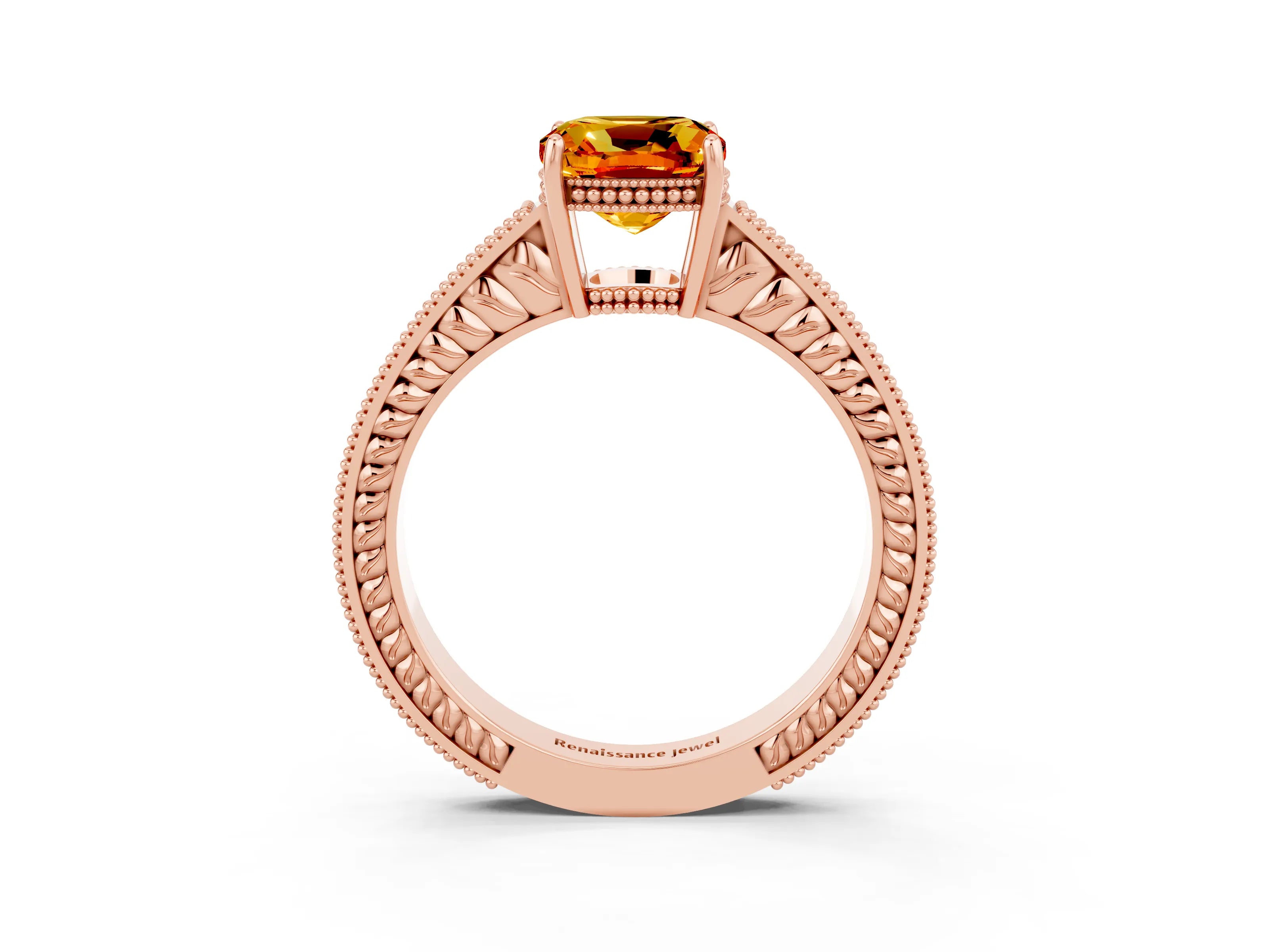Rose gold Cushion Cut Citrine Engagement Ring with Milgrain Channel Set Band and Prong Setting_3