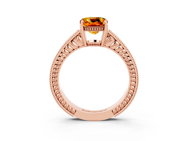 Rose gold Cushion Cut Citrine Engagement Ring with Milgrain Channel Set Band and Prong Setting