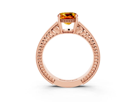 Rose gold Cushion Cut Citrine Engagement Ring with Milgrain Channel Set Band and Prong Setting_3