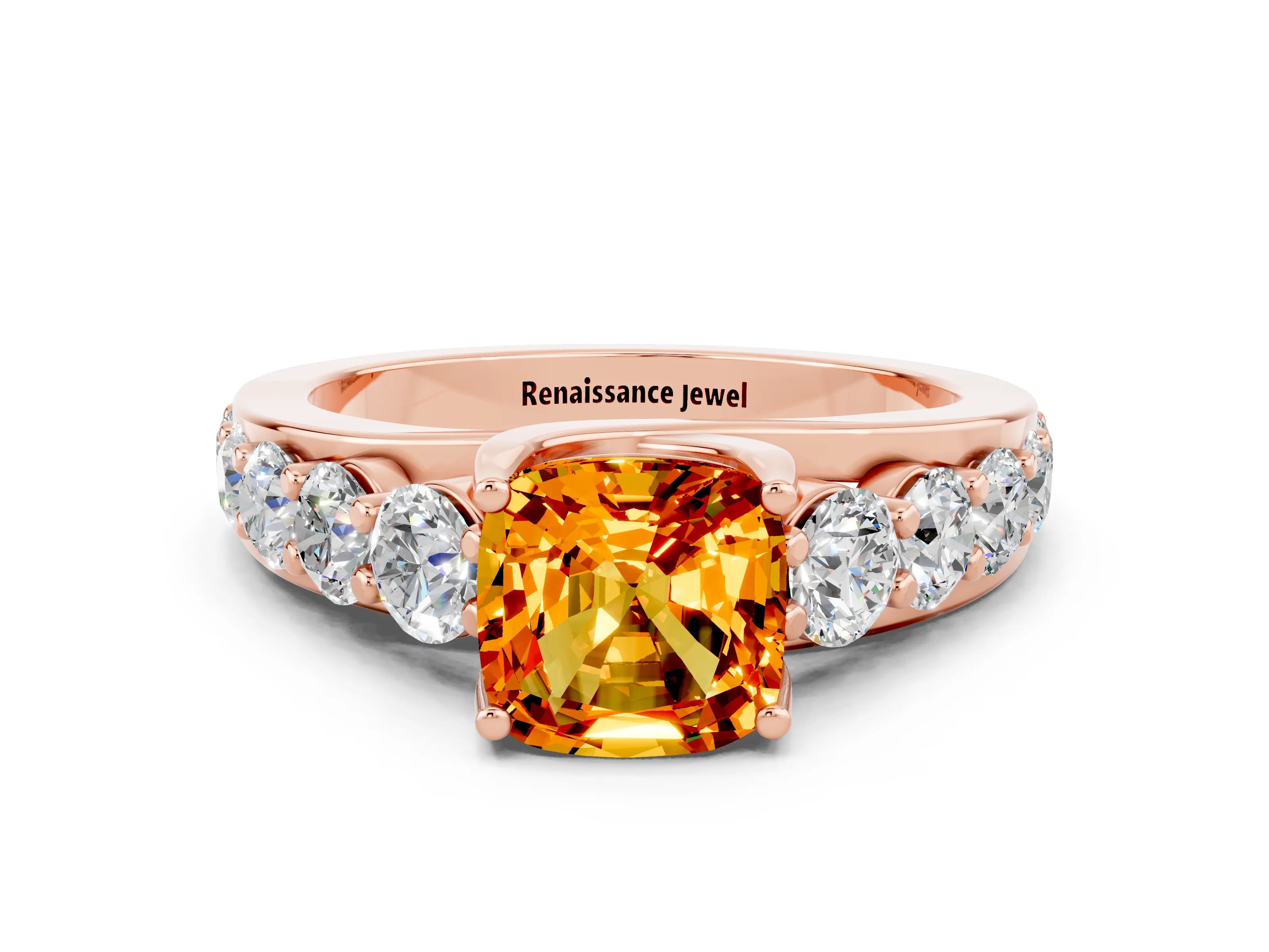 Rose gold Cushion Cut Citrine Engagement Ring with Pavé Band and Four-Prong Setting