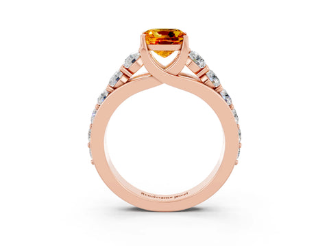 Rose gold Cushion Cut Citrine Engagement Ring with Pavé Band and Four-Prong Setting_3